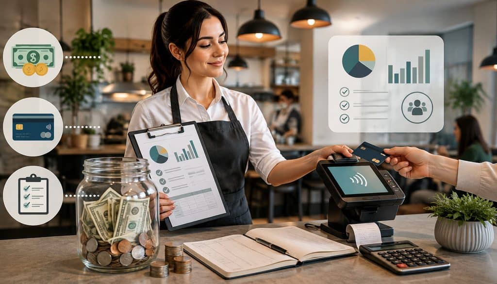 Restaurant employee recording cash and card tips for payroll reporting