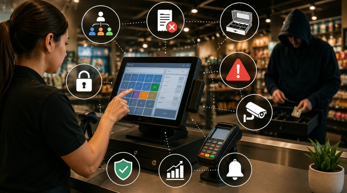 Cashier using POS security controls with theft alerts and monitoring icons