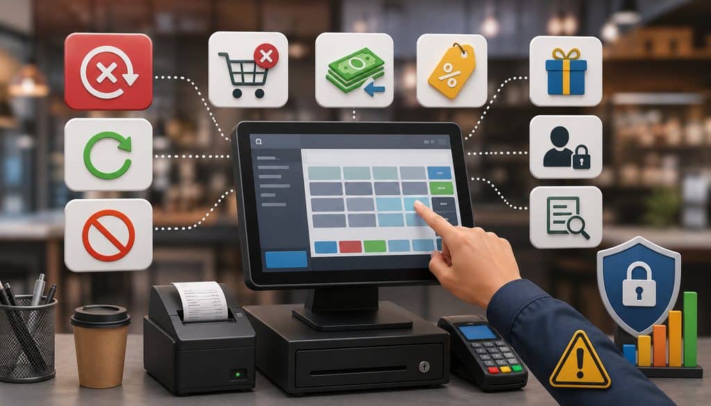 POS system showing controls for voids, refunds, discounts, no-sales, and secure transaction monitoring