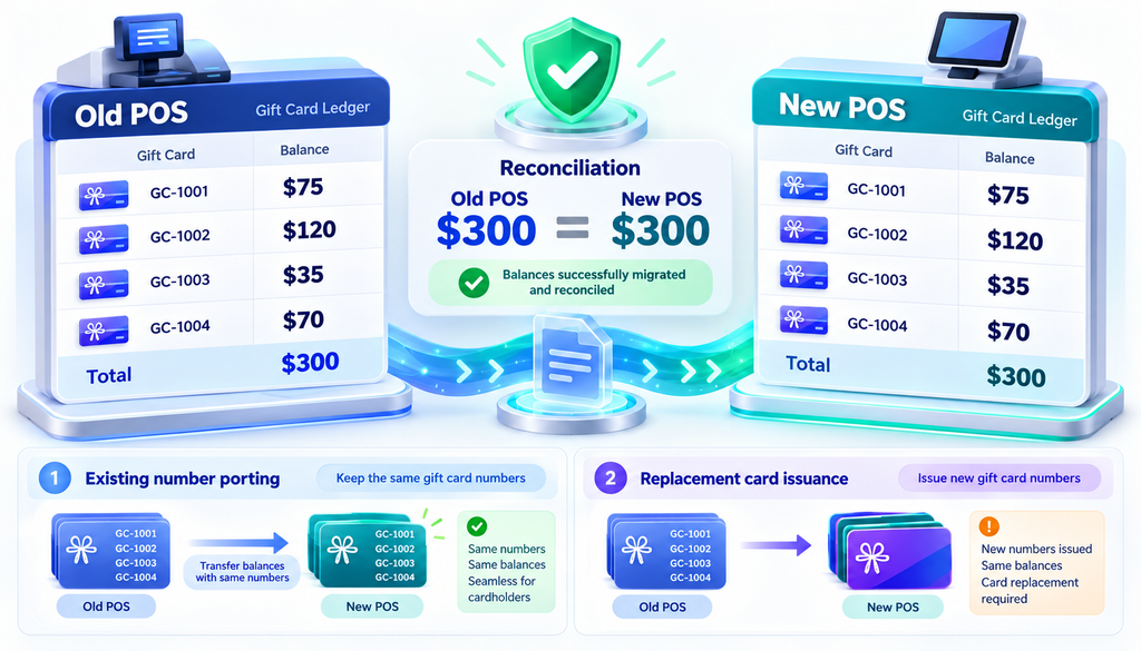 Gift card balance migration example reconciling four gift card accounts totaling $300 between old and new POS systems