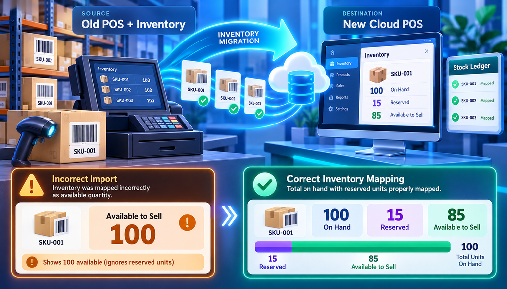 Inventory migration POS infographic showing 100 units on hand, 15 reserved units, and 85 units available to sell