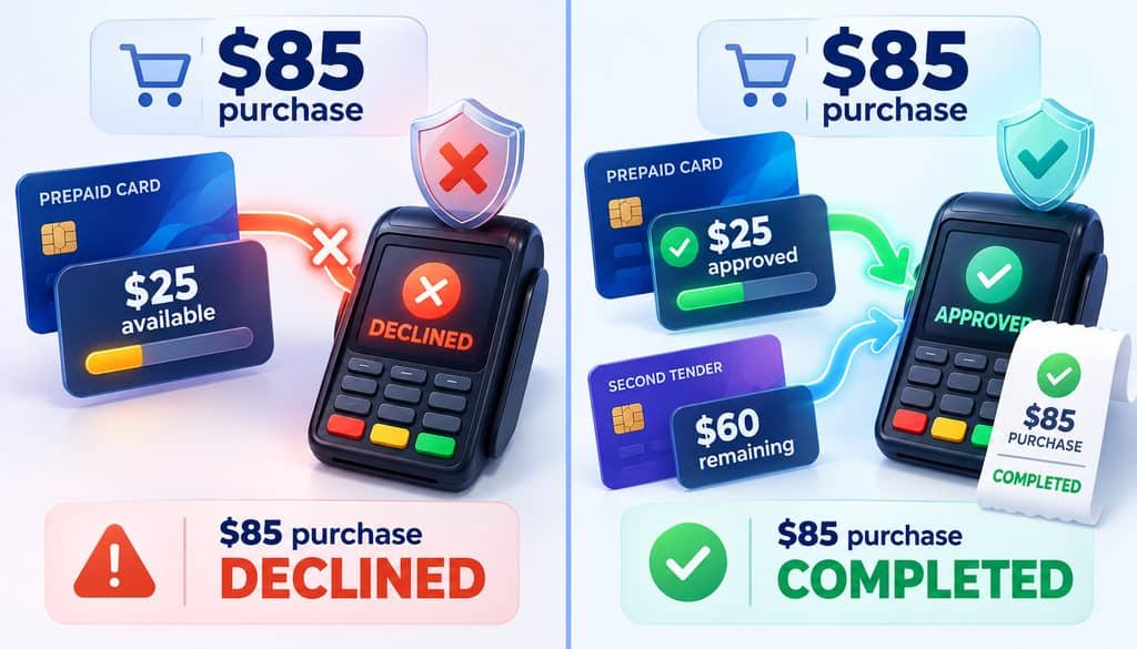 Partial authorization example showing a prepaid card approving $25 toward an $85 purchase with $60 remaining for another payment method