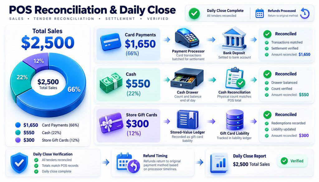 Split tender POS reconciliation dashboard showing $2,500 in sales divided into 66% card payments, 22% cash, and 12% gift card redemptions