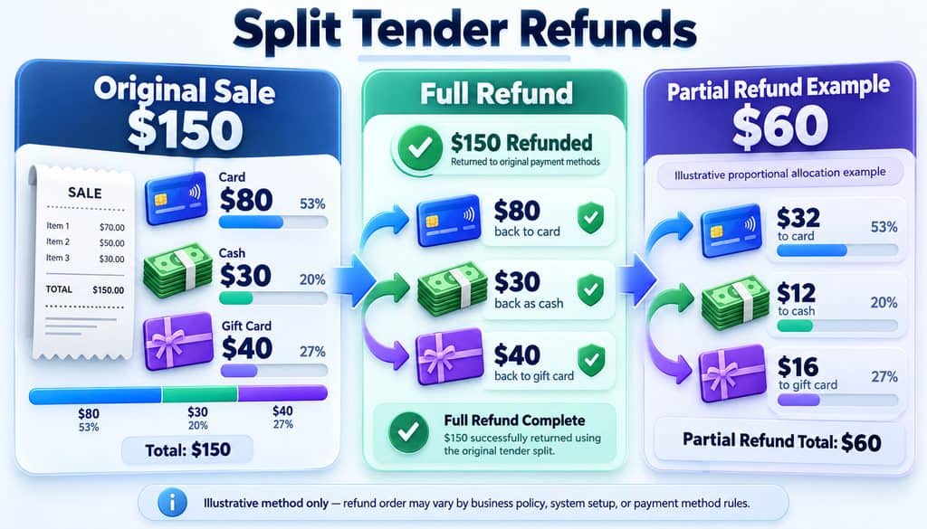 Split tender refund handling infographic comparing a $150 full refund with a $60 partial return allocated between credit card, cash, and gift card