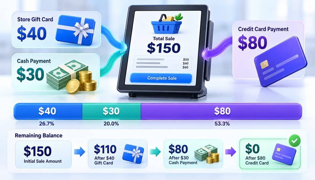 Split tender POS setup example showing a $150 purchase divided into $40 gift card, $30 cash, and $80 credit card payments